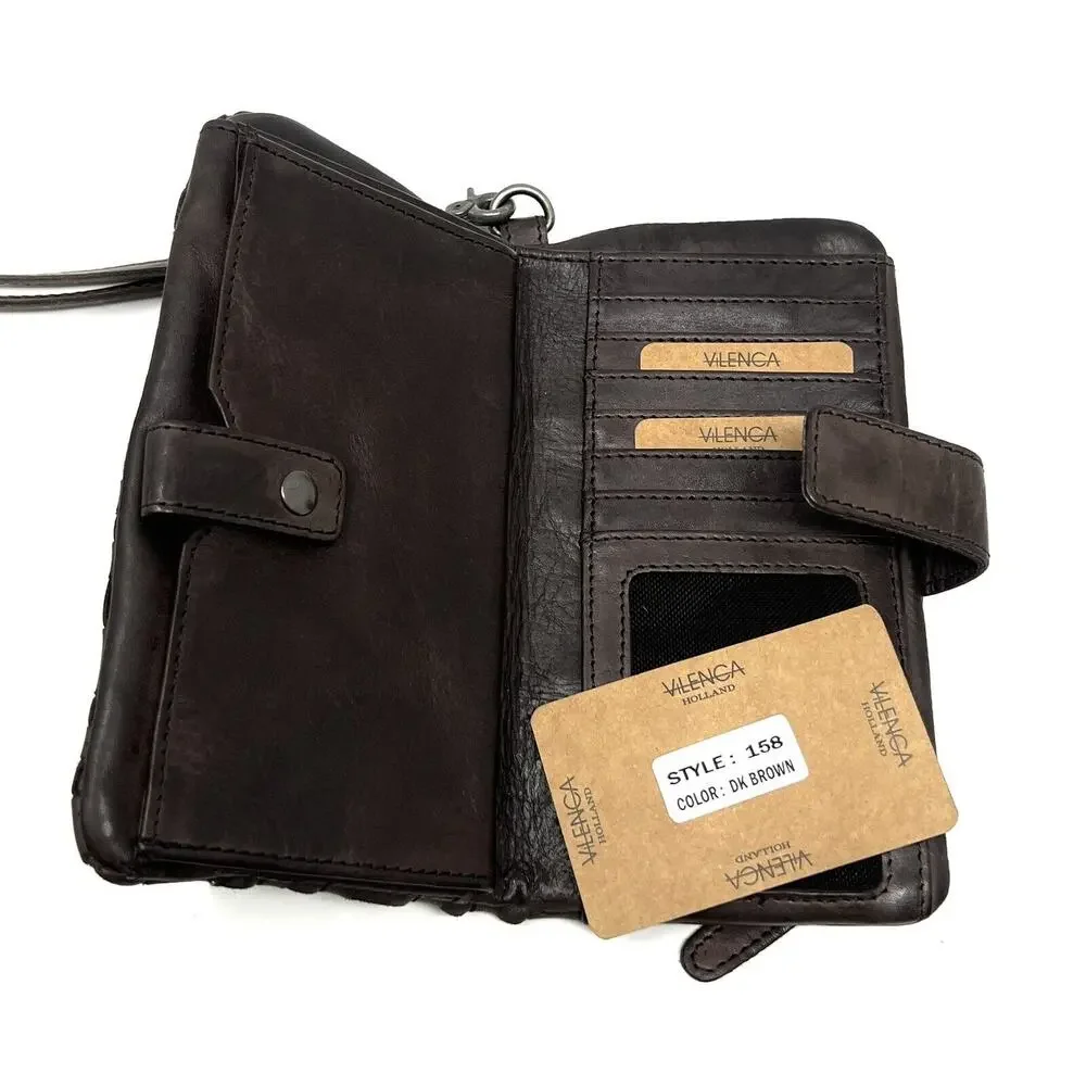 Vilenca Holland Woven Leather Wallet Wristlet Clutch Removable Strap Dark Brown